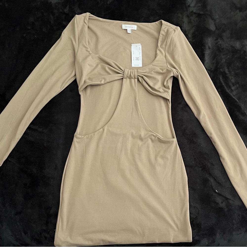 Better Be tan mini dress with long sleeves